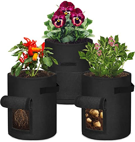 VA-Cerulean Pflanzen Tasche,Tragegriffen Pflanzsack im Garten,Balkon,Pflanztasche mit Sichtfenster und Klettverschluss,für Kartoffeln, Blumen, Pflanzen, Gemüs(3 Stück Schwarz,10 Gallonen)