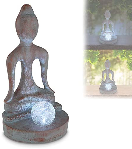 bmf-versand Solarlampe für Außen Stehend Buddha mit Pflegetuch – Solarleuchte Garten 30 cm Hoch – Außenleuchte Gartenlampe LED – Leuchte Solar Aussenlampe IP 44 Glas Kugel Crackle Lichtspiel grau