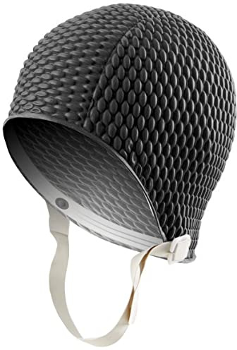 Sporti Bubble Swim Cap with Chin Strap (Black)