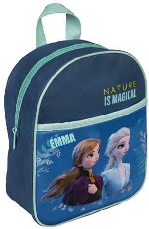 minimutz Mädchenrucksack mit Name bedruckt | Motiv Elsa & Anna in blau türkis | personalisierbarer Kindergartenrucksack mit 3D Fronttasche