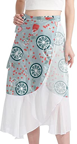 Maillot de bain pour femme - Sarong - Bikini - Jupe enveloppante - Citron et fraise - Glaçons, Multicolore, M/L