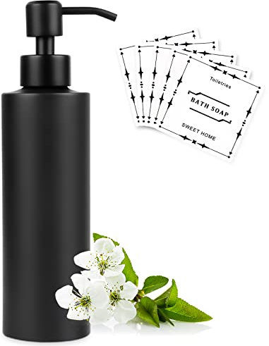 Encuryna Seifenspender 350 ml, Schwarz Edelstahl-Flasche Soap Dispenser, Shampoospender, Nachfüllbarer Pumpspender Seifenspender mit Aufkleber für Badezimmer, Schlafzimmer und Küche