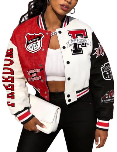 Flygo Women's Cropped Varsity Jacket Baseball Jacket Colorblock Letter Print Y2k Button Down Bomber Uniform