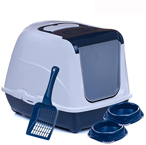große Katzentoilette Katzenklo Filter Schaufel Näpfe Deckel blau Unterschale blau