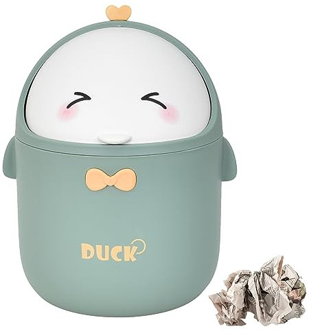 Papelera Escritorio Pequeña, Mini Papelera de Escritorio con Tapa, Papelera de Mesa Portátil, Papelera de Mesa de Maquillaje Estilo Dibujos Animados Lindo, para Oficina, Cocina, Dormitorio (verde)