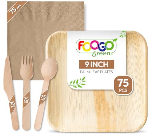 FOOGO Green 375pcs Disposable Palm Leaf Plates, Wooden Cutlery Set and Brown Napkins, FSC® Certified, 75x Large Square Plates, 75x Forks, 75x Knives, 75x Spoons, 75x Napkins, Eco Biodegradable