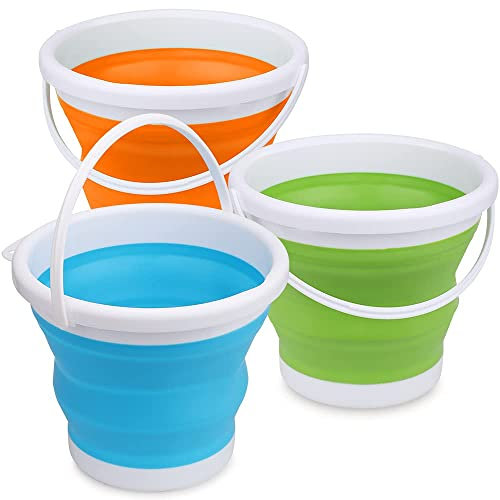 3L Sandburg Strandeimer Spielzeug Set, 3 Bunte Sand Strand Eimer für Kinder, Kleinkinder, draußen, Sandkasten, Sandburg förmiger Eimer mit Netztasche,Schnee, Hinterhof Kein Blue Yellow 3-Pack