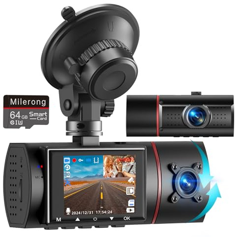 Dual Dash Cam Front and Inside with 64GB Card,Milerong X25 1080P Dash Camera for Cars with Infrared Night Vision,Loop Recording,G-Sensor,24H Park Monitor,Inside Car Camera for Uber/Lyft/Taxi Driver