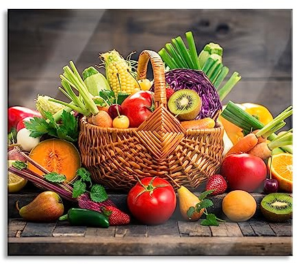 Frisches Obst und Gemüse im Korb Herdabdeckplatte & Spritzschutz aus Echtglas | Für Herd-Kochfelder | 60x52 cm