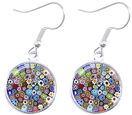 Murano Millefiori Ohrhänger, mehrfarbige Blume, 16 mm, Glas-Cabochon-Ohrringe, Schmuck für Frauen und Mädchen, Geschenk, Großhandel, Silber-Ohrstecker, niedliche Ohrringe
