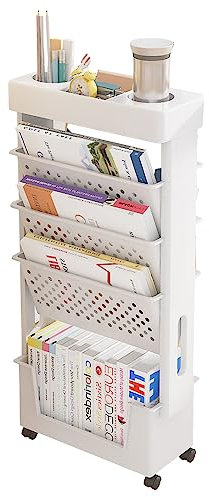 NUODWELL Libreria mobile con ruota, grande capacità, portariviste, carrello rimovibile, organizer per bambini, multiuso, per casa e scuola (bianco)