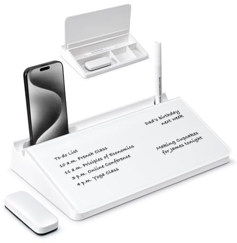 Varhomax Kleines Schreibtisch-Whiteboard aus Glas mit Trockenabwischfunktion, Desktop-Whiteboard mit Aufbewahrung, To-Do-Liste, Notizblock, Schreibtisch-Begleiter und Tastaturständer für Zuhause