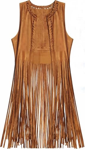 Weste in Wildleder-Optik mit langen Fransen Kostüm-Zubehör Cowgirl Hippie Indianerin Boho Festival 60er Jahre, Größe:S