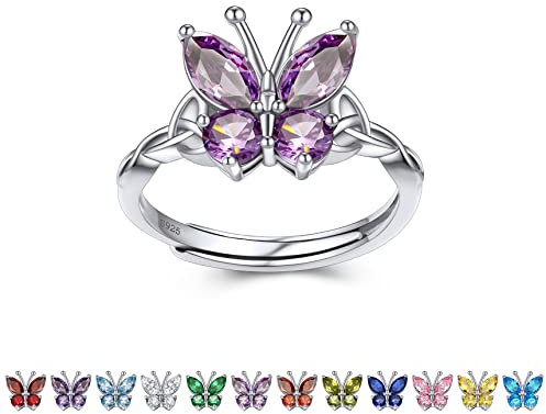 Bestyle Schmetterlingsringe 925 Sterling Silber Verstellbarer Ring für Frauen Mädche Mutter Open Ring mit Lila Stein Mondstein Schmuck Geburtstagsgeschenke