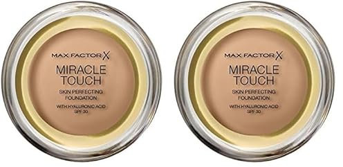 Max Factor Miracle Touch Foundation in der Farbe 78 Sand Beige – Intensives, pudriges Make-up für ein makelloses Hautbild – Mit Lichtschutzfaktor 30 (Packung mit 2)