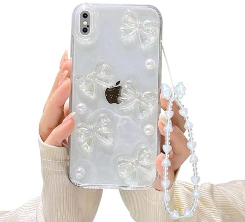 Ownest Compatible with iPhone X/Xs Case with Clear Cute 3D Bowknots and Pearl Aesthetic Patterns for Women Teen Girls, Glitter Sparkle Back and Full Lens Protection Protective Phone Case Cover + Chain