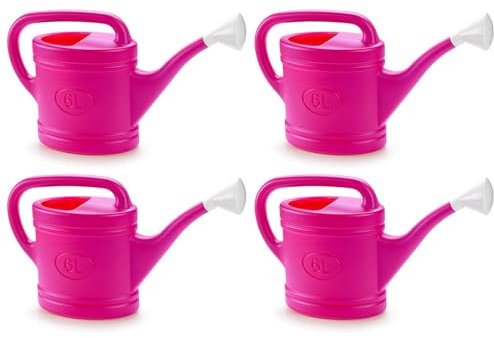 Tradineur - Confezione da 4 Annaffiatoi in plastica, capacità 6 litri, utensili da giardinaggio, irrigazione, casa, balcone, terrazzo, patio, colore Fuscia