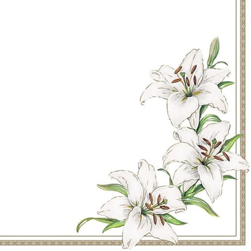 20 Servietten Blumen, Garten & Natur Elegante, weiße Lilien als Tischdeko. Papierservietten mit Motiv. Auch für Decoupage und Serviettentechnik 33x33cm