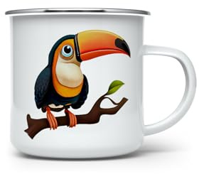MAXIKIWI Langlebige Emaille-Kaffee- oder Tee-Camping-Tasse für drinnen und draußen, niedlicher Cartoon-Tukan, 350 ml