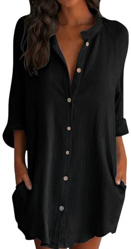 Iuyhau Women's Oversized Linen Shirts Plus Size Baggy Comfy Blouses Tops Half Sleeve Button Up Mid-Long Shirts V Neck Work Plain Tops Tunic Tee Mini Dress with Pockets Black