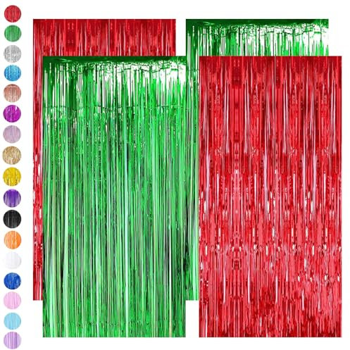 Red Green Tinsel Curtain Party Backdrop,4pcs 3.2ft x 6.5ft Foil Curtain Christmas Decorations,Foil Fringe Streamers Metallic Tinsel Door Hanging Foil Flow Silk Streamers for Christmas Holiday Party