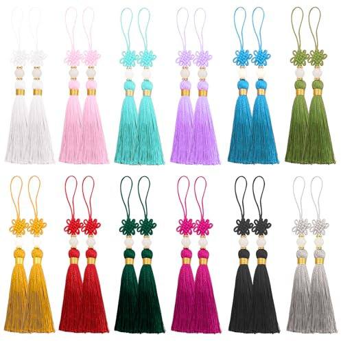24 Stück Mini Quasten, Basicon Seidig Weiche Bunte Quasten 12 Farben Handgefertigtes Quasten mit Perlen Chinesischen Knoten für DIY Bastelzubehör Lesezeichen Wohnkultur, 2 Stück pro Farbe