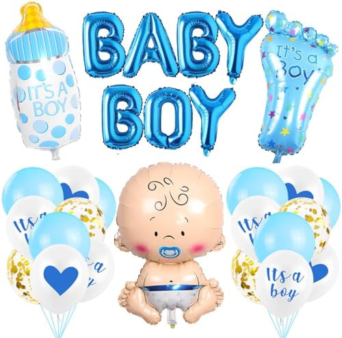 Babyparty Deko Blau, Baby Shower Junge Deko, Babydusche Dekorations - It's a Boy Girlande, Neugeborene Folienballoon, Fotorequisiten Masken, Ballons Blau, Tischdeko Streudeko
