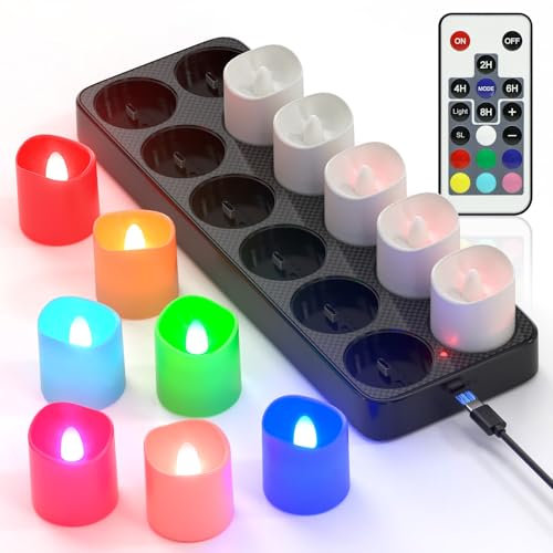 PChero Rechargeable Candles with Remote, 12 Pack RGB Coloured LED Battery Operated Flameless Tea Lights Candles Flickering with Charging Base for Halloween Christmas New Years Eve Party Decorations
