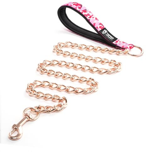 TSPRO Hundeleine Kette, Hundekette Leine Bissfest mit Weichem Griff, Leine Metall Hunde Kette für Mittelgroße und Große Hunde, mit D-Ring Rostfrei Anti-Kauen Kettenleine (4MM, Rose Gold)