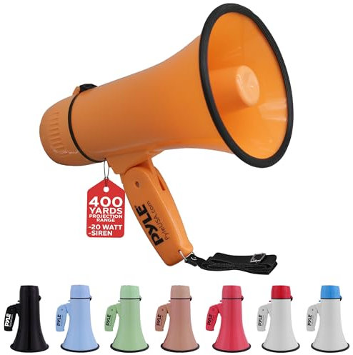 Pyle Megaphone Speaker with Siren, Bullhorn 20W with Loud Speaker, For Music, Whistle and Record Cheer Megaphones, For Soccer Coach and Football Game Day Essentials