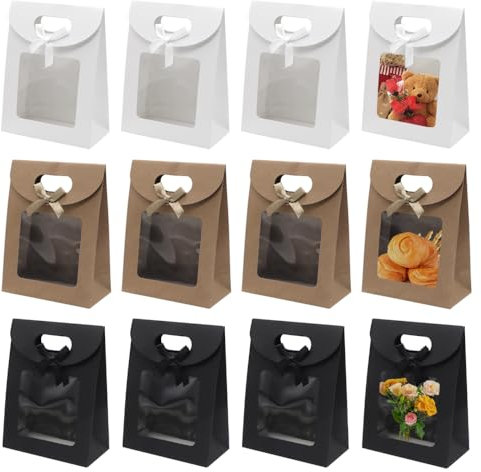 YDHfdc 12 Pezzi Sacchetti Carta con Manici Kraft Sacchetto Regalo con Finestra Sacchetti Regalo Piccoli per Confezionamento di Caramelle, Biscotti, Regali (16 * 12cm)