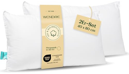 WENDRE Schlaf Atmungsaktives Kissen Set 2er 40x80 cm - Weich, 100% Baumwolle Kissenbezug, Waschbarer - Luxus Bequeme Kopfkissen für das Bett - Langlebige, Hypoallergene Kissen, Oeko-Tex Zertifiziert