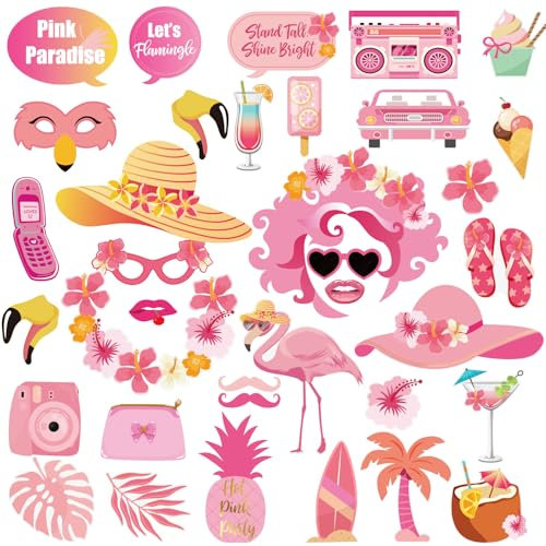 SUNBEAUTY 36 Stück Hawaii Foto Requisiten Rosa Flamingos Photo Booth Props für Sommer Party Dekoration Geburtstag Dekorationen Poolparty