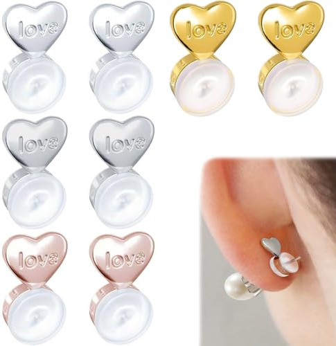 4 Pairs Silicone Earring Backs with Lifters, Safety Stoppers Heavy Studs | Droopy ears support, gold silver white rose gold colors, soft cushion grip, hypoallergenic pads, jewelry accessory