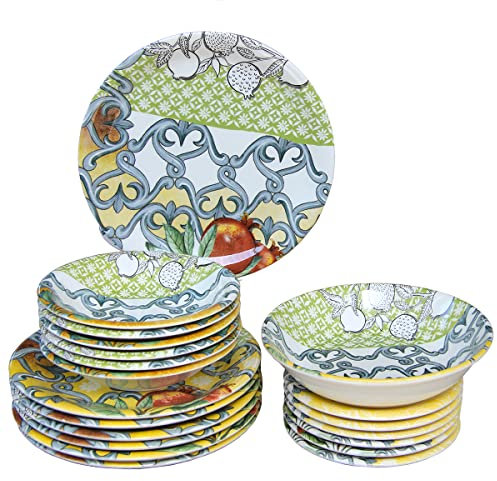 Set Piatti da 20 Pezzi in Ceramica - Collezione Mediterraneo di Wald, 6 Piatti Piani, 6 Piatti Fondi, 6 Piatti Frutta, 1 Insalatiera e 1 Piatto da Portata Rotondo