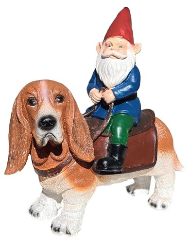 Zwerg reitet einen Basset Hound - Lustige Gartenzwerge Geschenke für Frauen - Gartenzwerge für Draußen - Geschenke für Hundeliebhaber - Indoor/Outdoor Gartenzwerg Skulptur für Terrasse, Hof oder Rasen