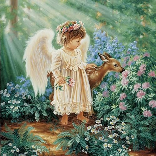 20 Servietten Kinder Engel mit Reh im Wald als Tischdeko. Papierservietten mit Motiv Engel Nostalgie Vintage Reh Sommer Wald Kinder. Auch für Decoupage und Serviettentechnik 33x33cm