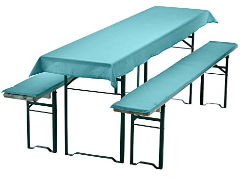 NYVI Bierbankauflagen Set NYVIGala 240x70 cm Aqua - 1x Tischdecke für 220x50 cm Biertische & 2X Gepolsterte Auflage für 220x25 cm Bierbänke - Sitzauflage für Bierzeltgarnitur