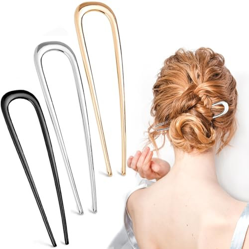 VZXQX 3 Pezzi Forcine per Capelli Francese in Metallo a Forma di U, 14 cm Forcina per Capelli Eleganti Donna per Chignon, French Hair Pin Grande Forchetta per Capelli Lunghi Spessi (Oro Argento Nero)