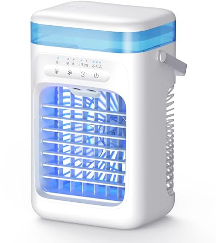 SWGOTA Aire Acondicionado Portatil Mini, 5 en 1 Enfriador de Aire Pequeño, Tanque de 1000m, 3 Velocidades, 2 Nebulización, 2-4H Cronometrado, 7 LED Ventilador Refrigerador para Dormitorio Oficina