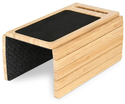 DE-COmmerce praktisches Bambus Sofatablett 33x23,2 cm mit Handyhalterung und Anti-Rutsch Pad, Flexible Couch Ablage für Armlehne, nachhaltiges Sofa Tablett für Getränke & Snacks