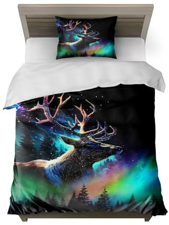 HommomH Hirsch Nordlichter Wald Magie Bettwäsche Set:1 Duvet 135x200cm + 1 Kissenbezug 80x80cm - 100% Polyester,Magische Hirsch-Nordlichter-Wald-Szene, ideal für Fantasie-Deko-Fans