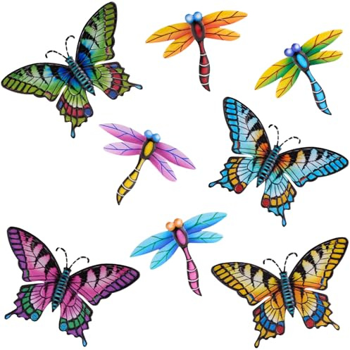 DEWEL 8 Pcs Metal Butterfly Dragonfly Wall Decor, Garden Decor for Outside Wall Art, Colorful Hanging Decorations Outdoor Wall Decor for Garden Fence Patio Yard, Great Gift Choice