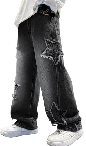 Happy Cherry - Baggy Jeans Jungen Hose Denim Teenager Jeanshosen Weitem Bein Vintage Streetstyle Kinder 5-14 Jahre mit Elastischem Bund für Frühling Sommer Herbst Winter - 110-170