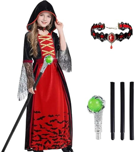 Royal Vampir Kostüm Mädchen Set - Mysteriös Vampire Kleid mit Kapuze & Vampirin Queen Gehstock & Kristallkette,Halloween Kostüm Vampire Gotisch Viktorianische Dracula Costume Dress Fasching Party
