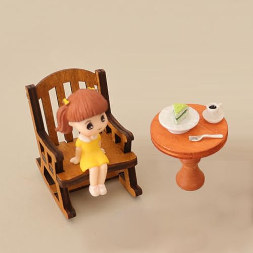 KARLOR Minatur Schaukelstuhl Tisch Mädchen Set, 7 Stück Mini Möbel Set Mädchen Figur Tisch Kaffee Kuchen Teller, Mini Balkon Couchtisch Micor-Landschaft Szene Wichtel Garten Dekoration