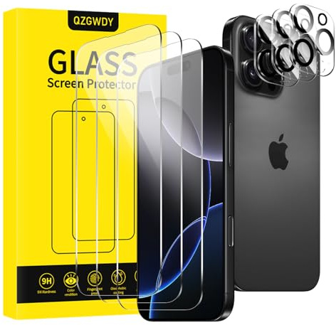 QZGWDY Screen Protector for iPhone 16 Pro Max, 3 Tempered Glass Film + 3 Camera Lens Protector, Bubble-Free, Durable, 9H Hardness