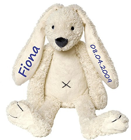 Elefantasie Stofftier Hase mit Namen und Geburtsdatum personalisiert Geschenk 40cm weiß Aufdruck blau