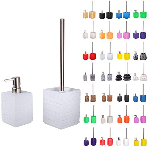 Sanilo Badezimmer Set, Seifenspender und WC Bürste mit Motiv, große Auswahl, Klobürste ohne Bohren, schöne Designs (Calero Weiß)