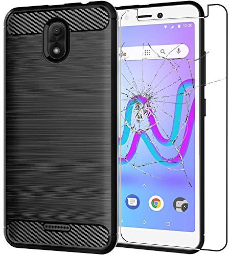 ebestStar - Hülle für Wiko Jerry 3, Silikon Handyhülle Cover, Carbon Fiber Texture Schutzhülle, Schwarz + Panzer Schutz Glas
